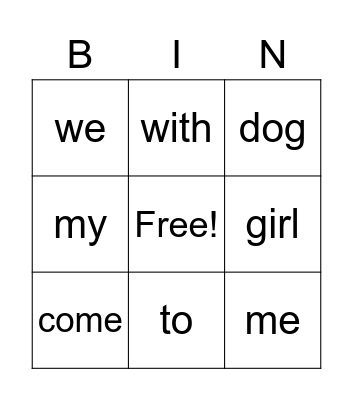 sight words Bingo Card