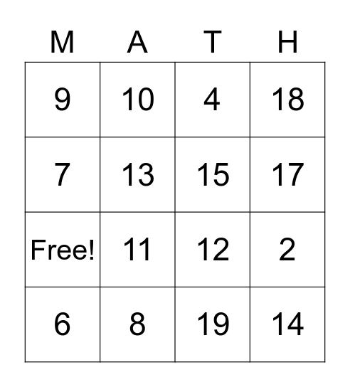 Math is Fun! Bingo Card