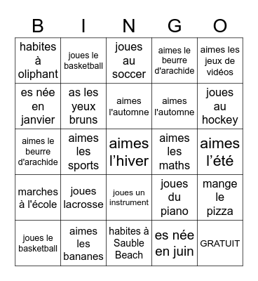 Est-ce que tu...       ? Bingo Card
