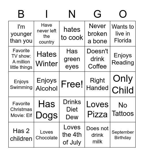 Neumann Family Bingo Card