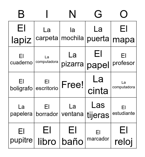 Los Objetos Escolares Bingo Card