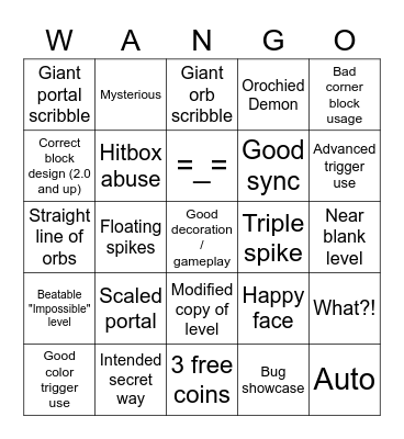 Geometry Dash bad levels 'Wango' Bingo Card