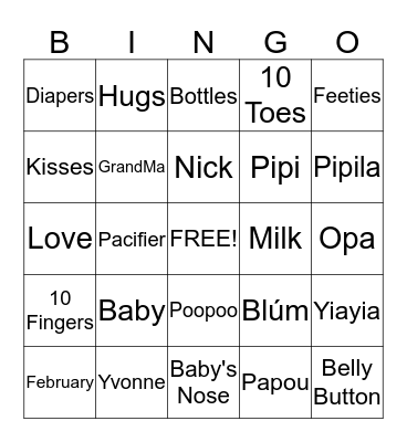 Yvonne's Baby Shower Bingo Card