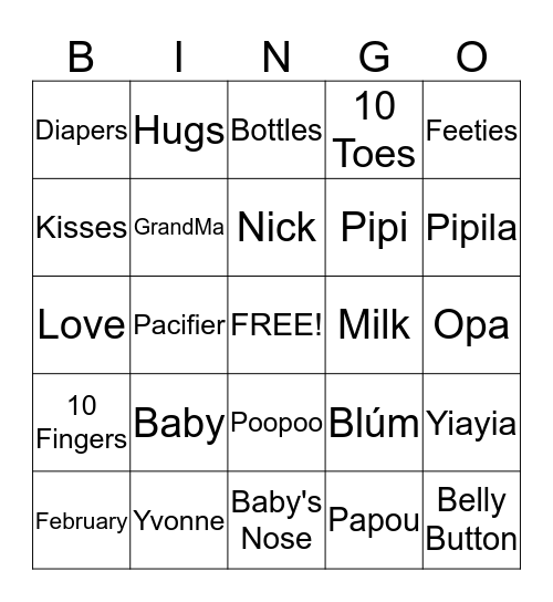 Yvonne's Baby Shower Bingo Card