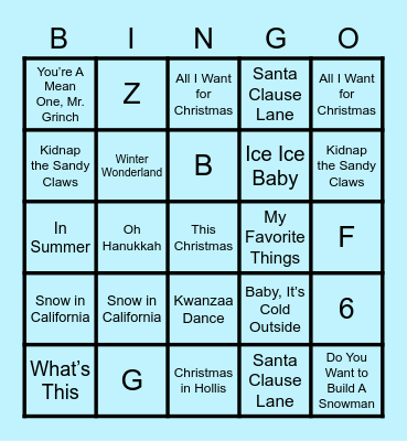 All Sing Along Now Bingo Card