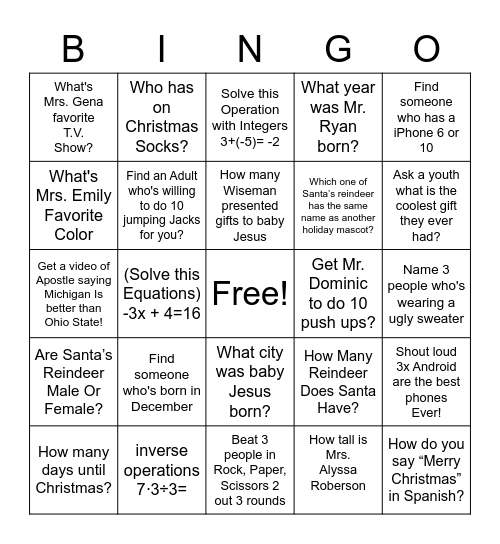 Ignite Youth Human Christmas Bingo Card