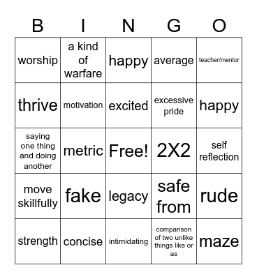 Honors Vocab Bingo Card