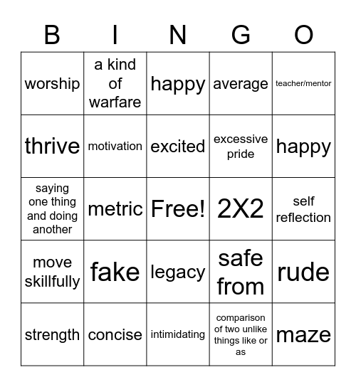 Honors Vocab Bingo Card