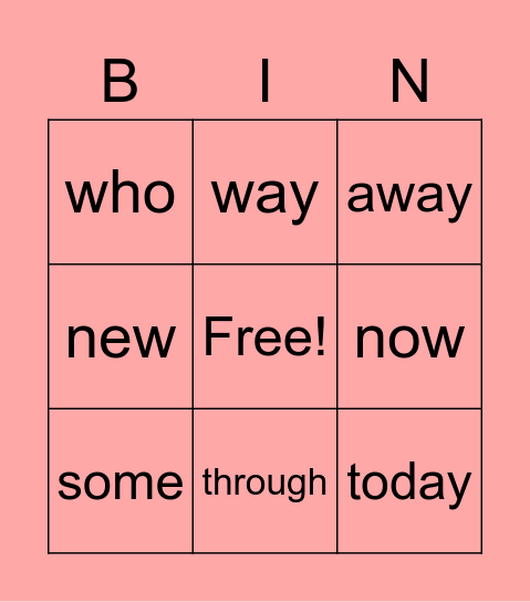 Sight Words Bingo Card
