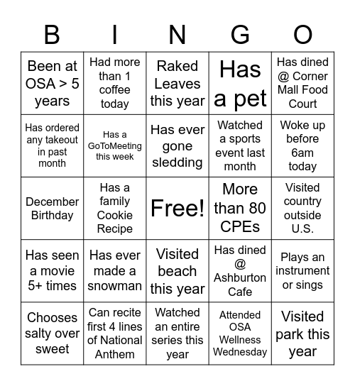 Holiday Bingo Card