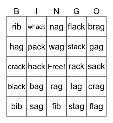-ag, -ib, -ack Words Bingo Card