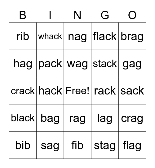 -ag, -ib, -ack Words Bingo Card