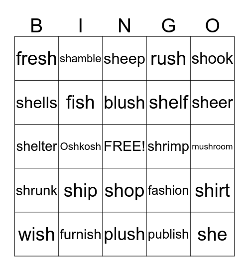 /sh/ Words Bingo Card