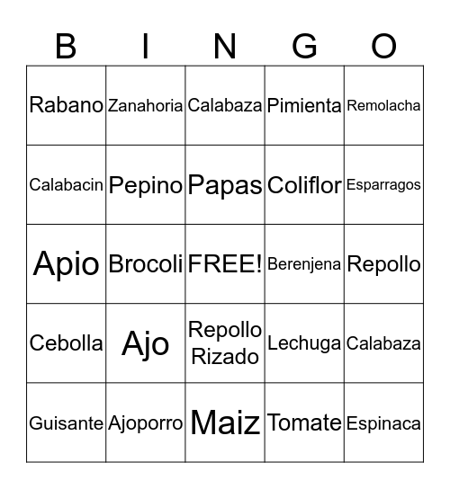 Vegetales en Espanol Bingo Card