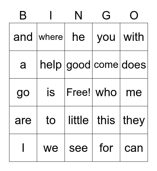 Sight Word Bingo Card