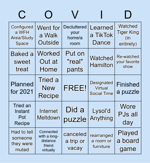 Adventures in Social Distancing Bingo Card