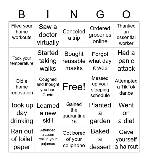 2020 Pandemic Bingo Card