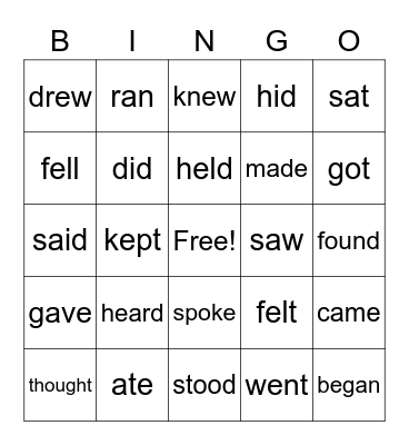 Irregular Verbs Bingo Card