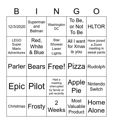 Anything But Work Bingo Card