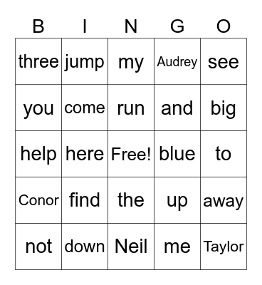 Sight Words PreK Bingo Card