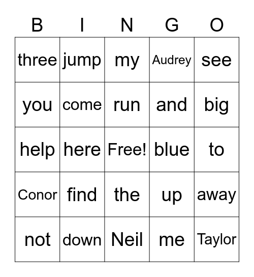 Sight Words PreK Bingo Card