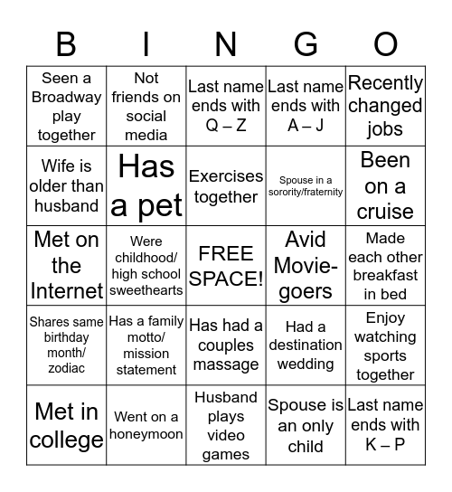 MARRIED COUPLES BINGO Card