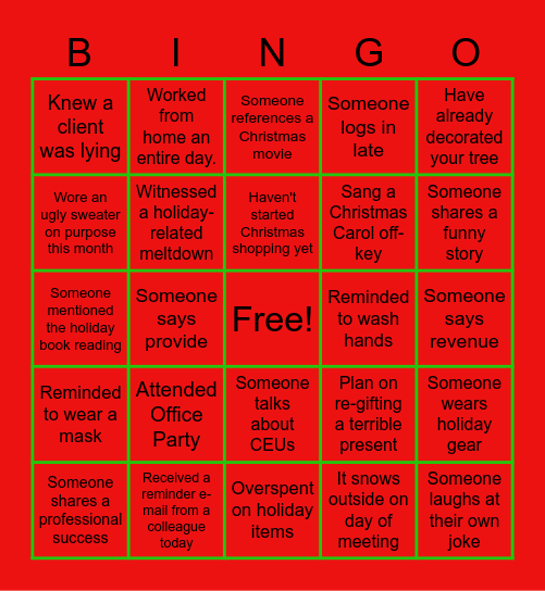 Monthly Meeting Holiday Bingo Card