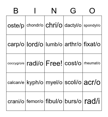 Skeletal System Bingo Card