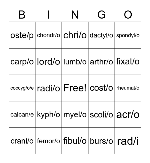 Skeletal System Bingo Card