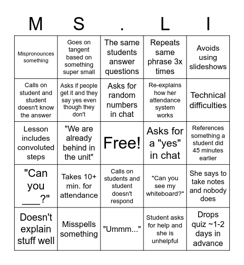 Ms. Li Bingo Card