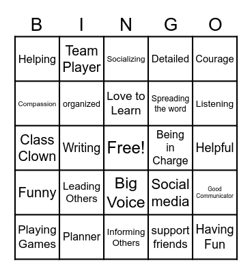 talents & skills Bingo Card