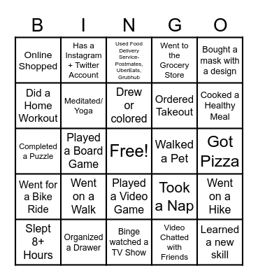 Social Distancing Bingo Card