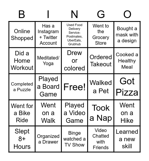 Social Distancing Bingo Card