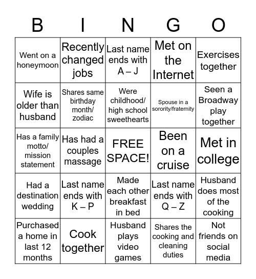 MARRIED COUPLES BINGO Card