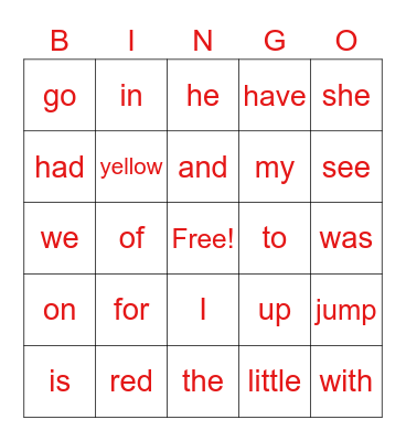 Find the sight words Bingo Card