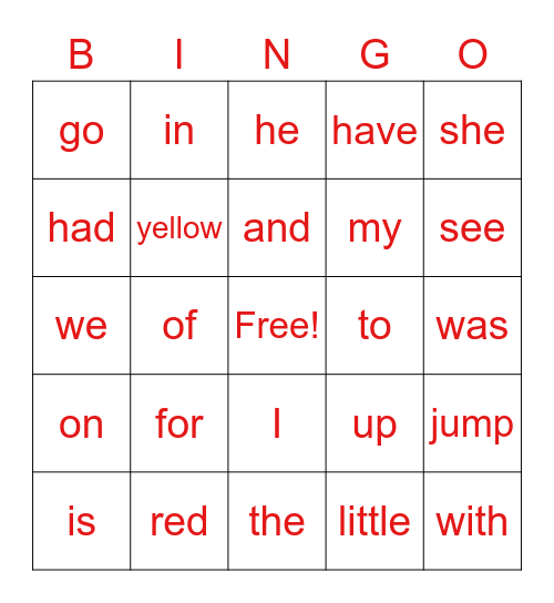 Find the sight words Bingo Card
