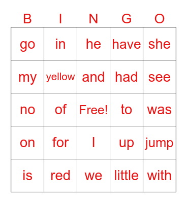 Find the sight words Bingo Card