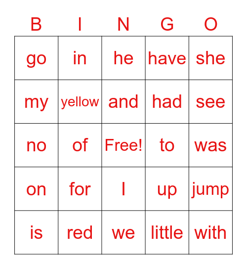 Find the sight words Bingo Card