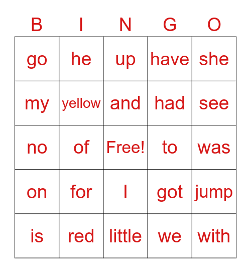 Find the sight words Bingo Card