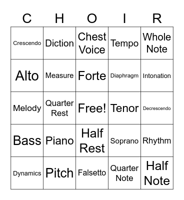 Choir Terms Bingo Card
