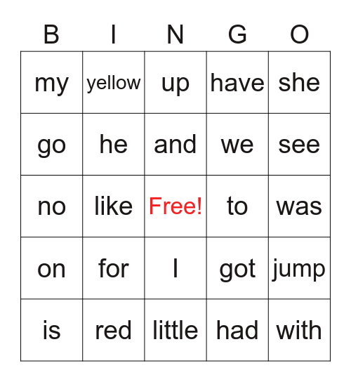 Find the sight words Bingo Card