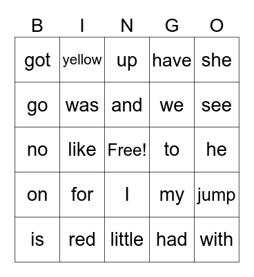 Find the sight words Bingo Card