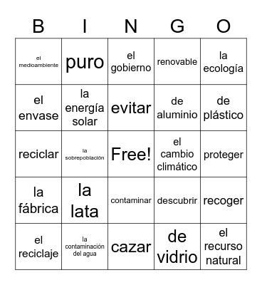 EL MEDIO AMBIENTE Bingo Card