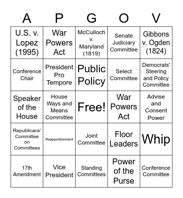 Legislative Branch (First 24) Bingo Card