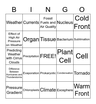 Weather, Atmosphere, Cells Bingo Card