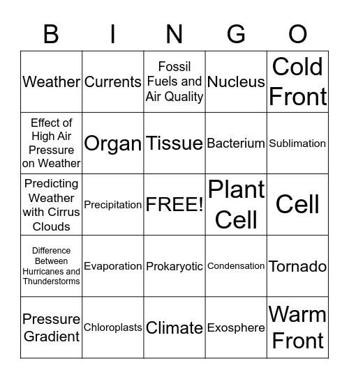 Weather, Atmosphere, Cells Bingo Card