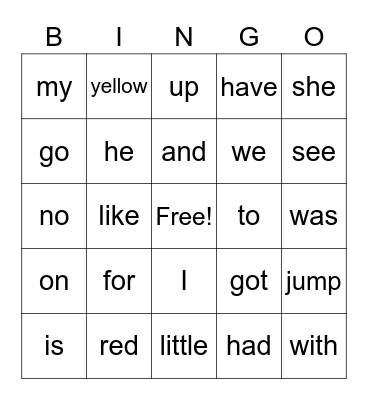 Find the sight words Bingo Card