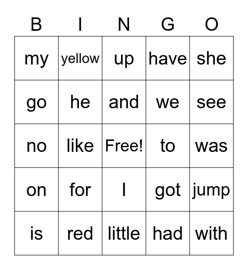Find the sight words Bingo Card