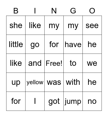 Find the sight words Bingo Card