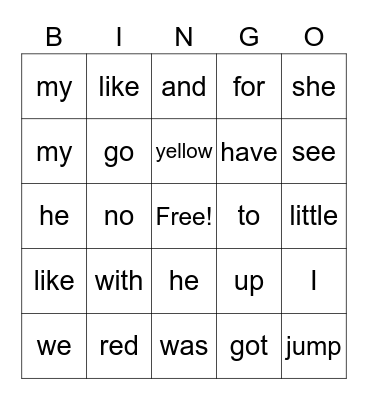 Find the sight words Bingo Card